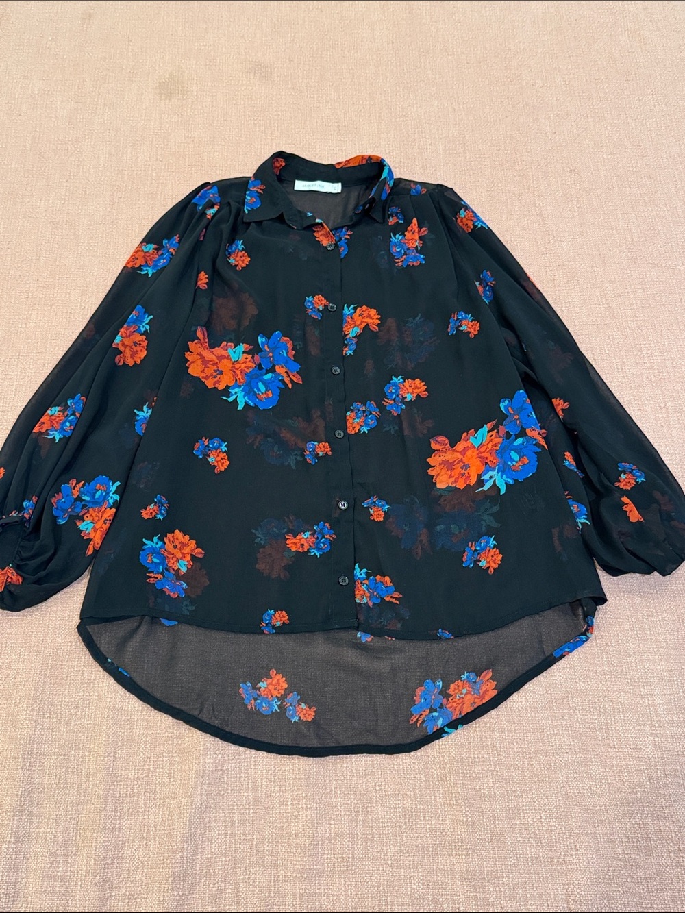 MINKPINK XS Black Sheer Button-Up Blouse - Blue & Orange Floral Print